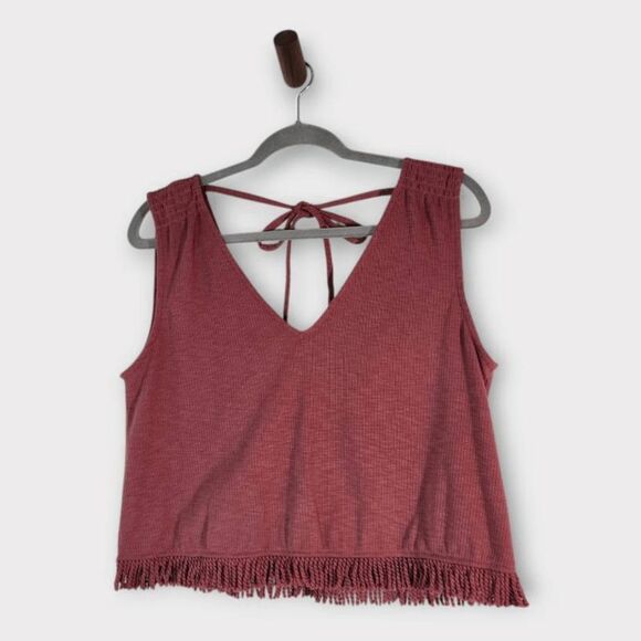 Very J Pink Ribbed Knit Crop Top Size Medium Dusty Pink Crop Top with Fringe - Picture 1 of 9